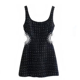 Black Crystal Pearl Embellished Tweed Cut Out Bodycon Mini Dress